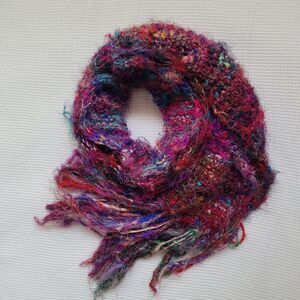 NAVA WEAR 100% Silk Scarf Nepal Art To Wear Nubby Knit Colorful Fuzzy Rainbow
